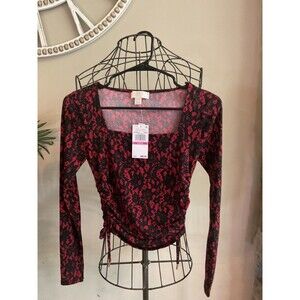 Michael Kors Blouse Ruched-Side Lace Top Womens XXS Crimson Red New With Tags